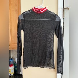 Mesh long sleeve top with striped mock neck detail